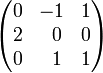 
\begin{pmatrix}
0 & -1    & 1 \\
2 & \;\;0 & 0 \\
0 & \;\;1  & 1 \\
\end{pmatrix}
