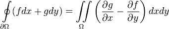 
\oint\limits_{\partial\Omega}(fdx+gdy)=\iint\limits_\Omega \left(\frac{\partial g}{\partial x}-\frac{\partial f}{\partial y}\right)dxdy
